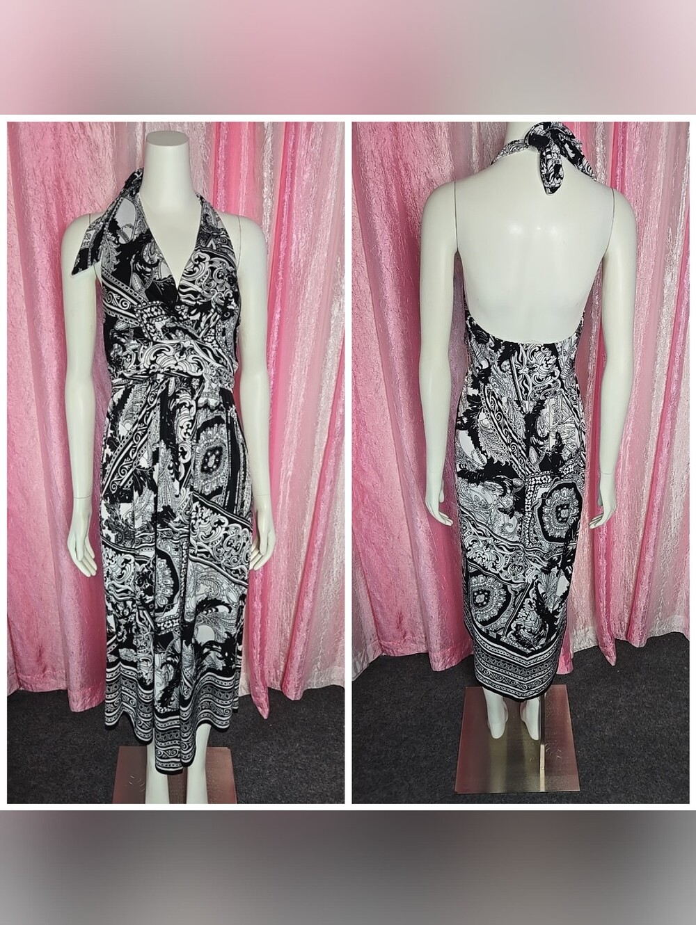 Soma Black White Paisley Floral Halter Resort Summer Dress Size Medium
